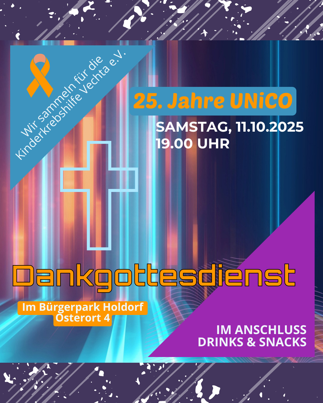 Jubiläumsgrafik zum 25-jährigen Bestehen von UNiCO – Einladung zum Gottesdienst und Spendenaktion im Bürgerpark Holdorf.